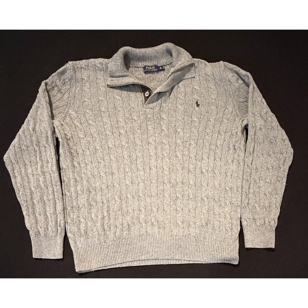 POLO‎ RALPH LAUREN Tussah Silk Cable Knit Sweater 1/4 Button Sage Green Mens XL